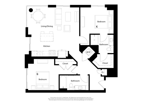 Floor plan for 2 beds, 2 baths, 1138 sqft